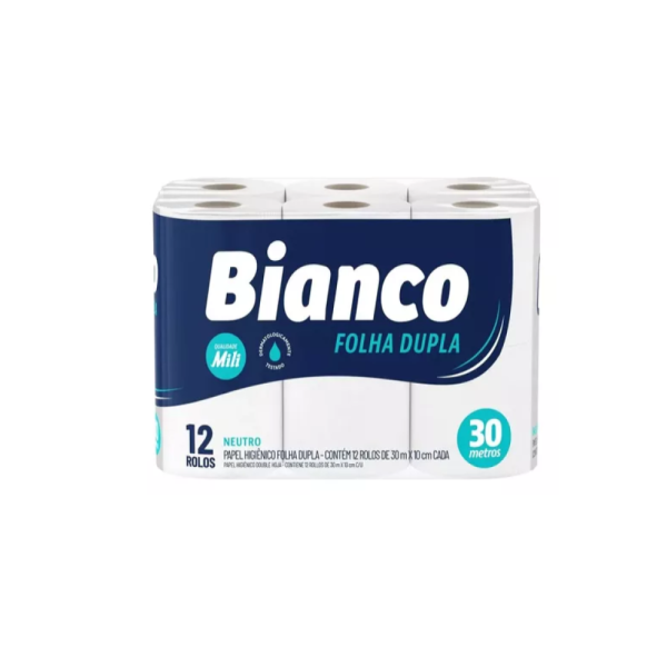 Papel Higiênico Rolo - Folha Dupla - Marca Bianco - Medida 10cm x 30m cada - Pacote c/ 12 Rolos