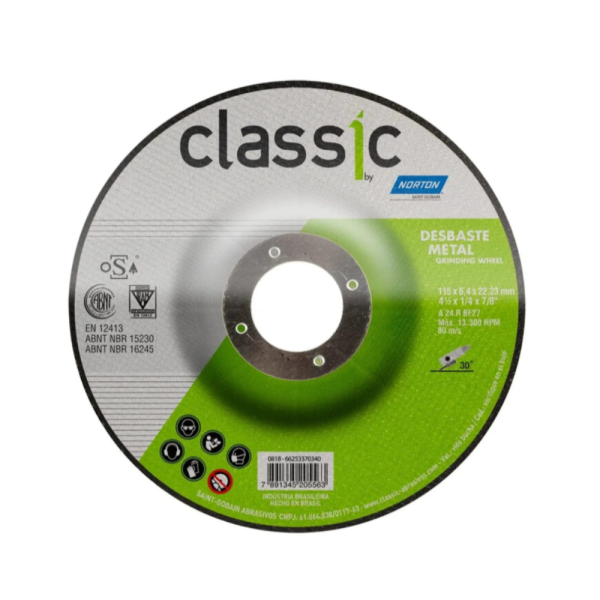 Disco de Desbaste Metal - Marca Norton - Modelo Classic BDA600 - Medida 115mm X 6,4mm X 22,23mm
