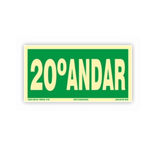 Placa de Sinalização Fotoluminescente - em PVC - 20º Andar - medida 15cm x 15cm