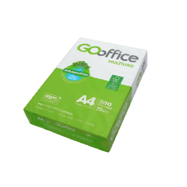 Papel A4 Sulfite 75g/m² - Marca Go Office - Tamanho 210mm X 297mm - Caixa Master com 10 Resmas de 500 Folhas