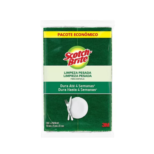 Esponja Multiuso Reutilizável - Cor Verde + Amarela - Marca 3M / Scocth Brite - c/ 4 Unidades
